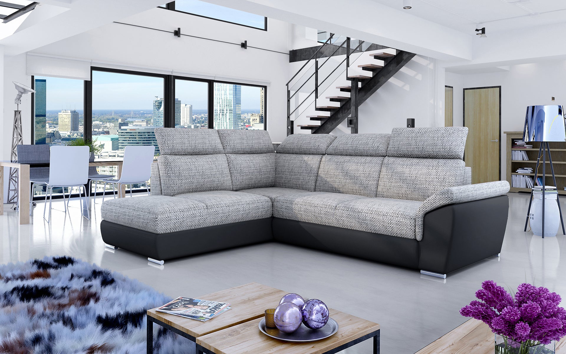 Narożnik Loreto w tkaninie Berlin 01 szary z czarną podstawą Soft 11 w nowoczesnej aranżacji salonu