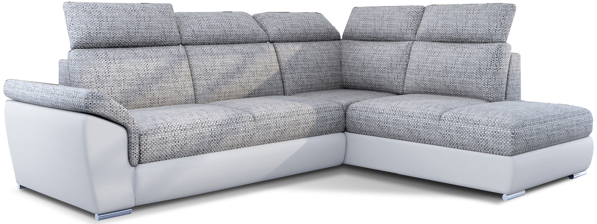 Narożnik Loreto w tkaninie Berlin 01 szary z białą podstawą Soft 17, elegancka sofa narożna na białym tle