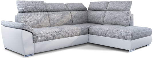Narożnik Loreto w tkaninie Berlin 01 szary z białą podstawą Soft 17, elegancka sofa narożna na białym tle