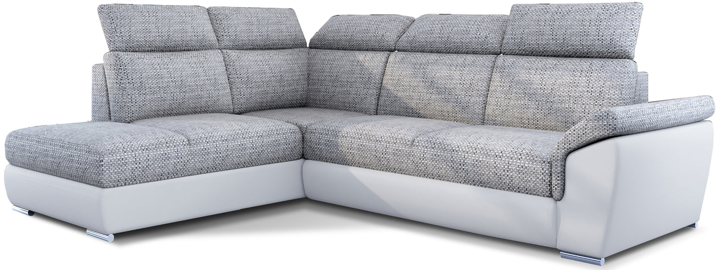 Narożnik Loreto w tkaninie Berlin 01 szary z białą podstawą Soft 17, widok całej sofy narożnej na białym tle