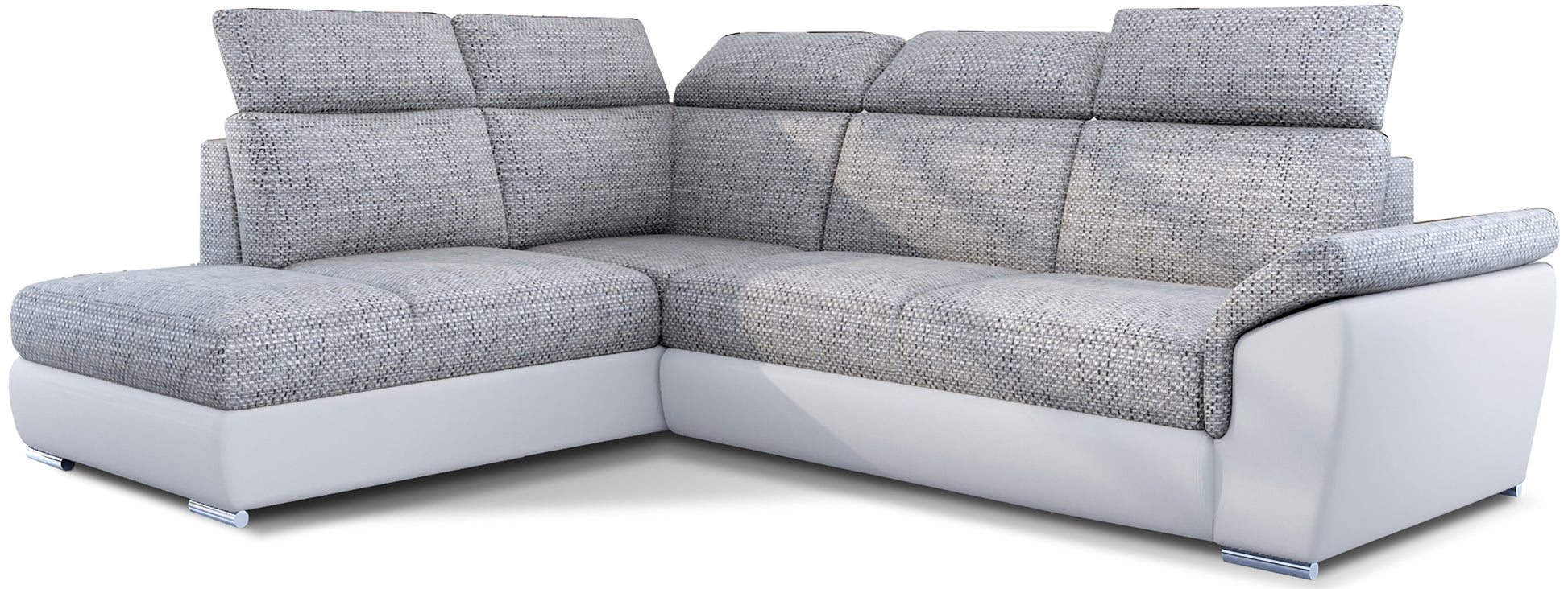 Narożnik Loreto w tkaninie Berlin 01 szary z białą podstawą Soft 17, widok całej sofy narożnej na białym tle