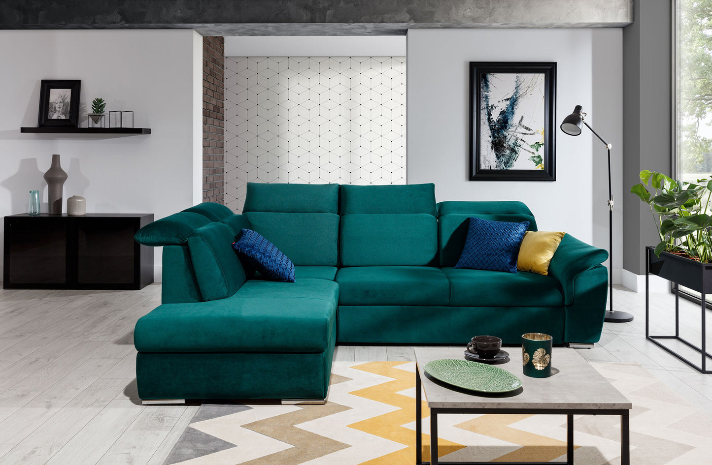 Narożnik Loreto w tkaninie Kronos 19 zielony w eleganckim, nowoczesnym salonie