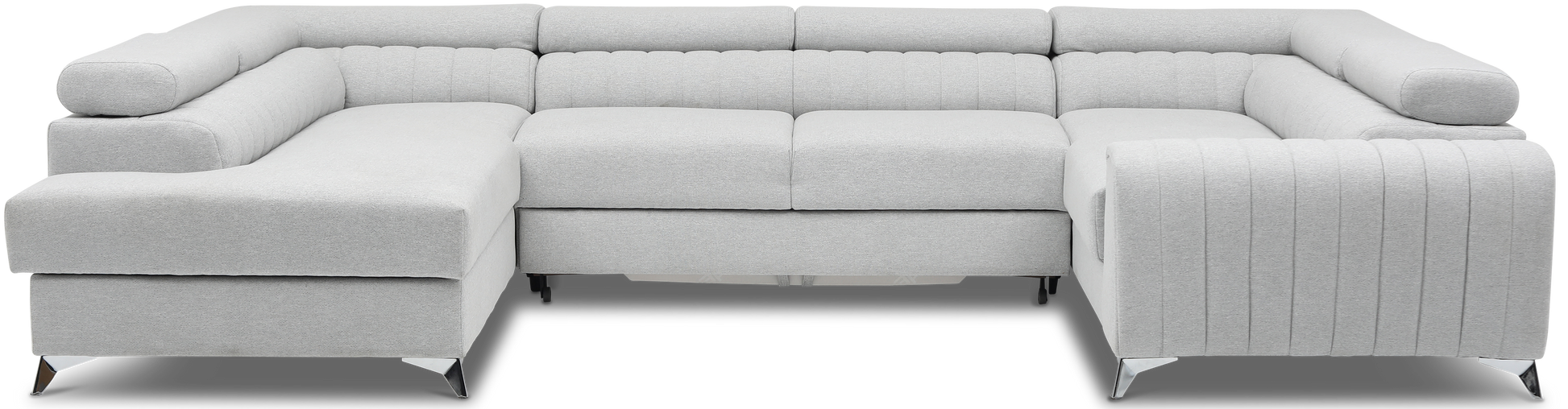 Narożnik Louis w kolorze szarym Borneo 04 w układzie lewym, nowoczesna sofa tapicerowana z wysokimi metalowymi nogami, widok frontalny na białym tle.