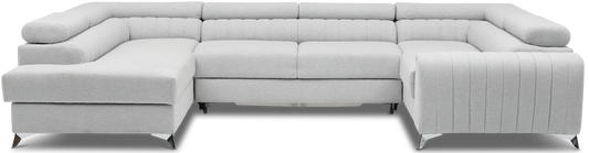 Narożnik Louis w kolorze szarym Borneo 04 w układzie lewym, nowoczesna sofa tapicerowana z wysokimi metalowymi nogami, widok frontalny na białym tle.