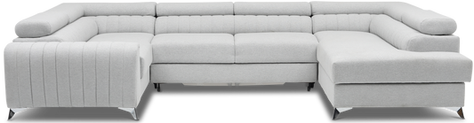 Narożnik Louis w kolorze Borneo 04 szary w układzie lewym, nowoczesna sofa modułowa z wysokimi metalowymi nogami, widok frontalny na białym tle.