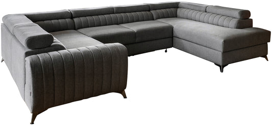 Narożnik Louis w kolorze Flores 04 szary w układzie prawym, elegancka sofa modułowa z wysokimi metalowymi nogami, widok frontalny na białym tle.