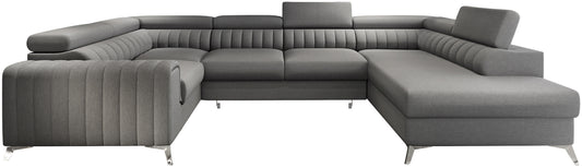 Narożnik Louis w kolorze Flores 05 ciemnoszary w układzie prawym, elegancka sofa modułowa z wysokimi metalowymi nogami, widok frontalny na białym tle.