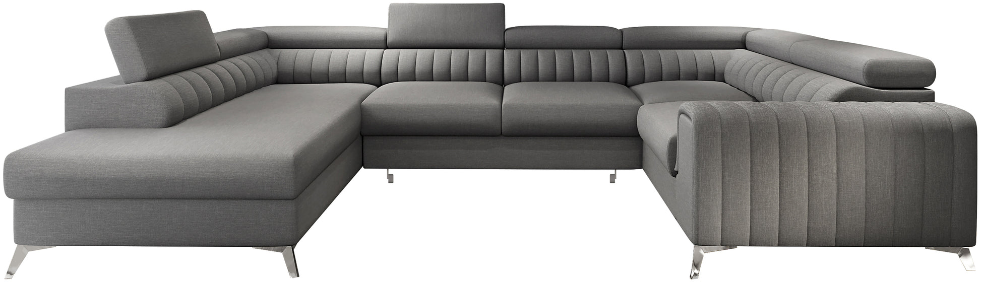 Narożnik Louis w kolorze Flores 05 ciemny szary w układzie lewym, elegancka sofa modułowa z wysokimi metalowymi nogami, widok frontalny na białym tle.