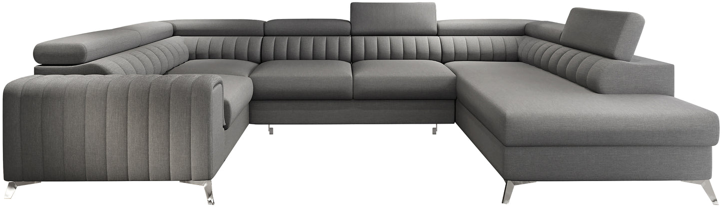 Narożnik Louis w kolorze Flores 05 ciemny szary w układzie prawym, elegancka sofa modułowa z wysokimi metalowymi nogami, widok frontalny na białym tle.