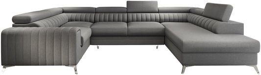 Narożnik Louis w kolorze Flores 05 ciemny szary w układzie prawym, elegancka sofa modułowa z wysokimi metalowymi nogami, widok frontalny na białym tle.