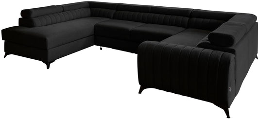 Narożnik Louis w kolorze Flores 10 czarny w układzie lewym, elegancka sofa modułowa z wysokimi metalowymi nogami, widok frontalny na białym tle.