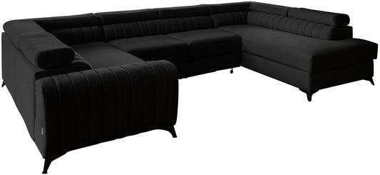 Narożnik Louis w kolorze Flores 10 czarny w układzie prawym, elegancka sofa modułowa z wysokimi metalowymi nogami, widok frontalny na białym tle.