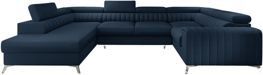 Narożnik Louis w kolorze Flores 40 granatowy w układzie lewym, elegancka sofa modułowa z wysokimi metalowymi nogami, widok frontalny na białym tle.