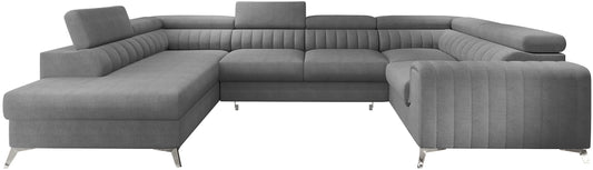 Narożnik Louis w kolorze Gojo 04 jasnoszary w układzie lewym, nowoczesna sofa modułowa z wysokimi metalowymi nogami, widok frontalny na białym tle.