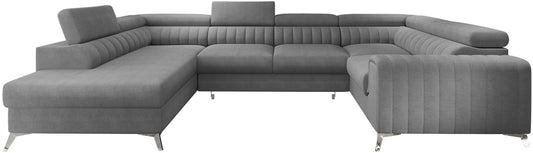 Narożnik Louis w kolorze Gojo 04 jasny szary w układzie lewym, nowoczesna sofa modułowa z wysokimi metalowymi nogami, widok frontalny na białym tle.