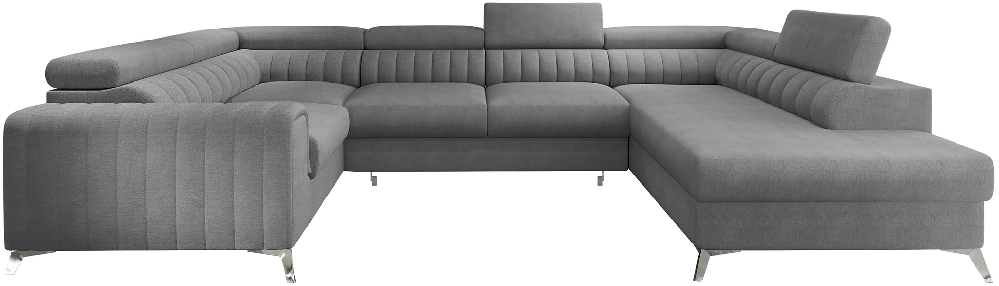 Narożnik Louis w kolorze Gojo 04 jasny szary w układzie prawym, elegancka sofa modułowa z wysokimi metalowymi nogami, widok frontalny na białym tle.