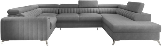 Narożnik Louis w kolorze Gojo 04 jasny szary w układzie prawym, elegancka sofa modułowa z wysokimi metalowymi nogami, widok frontalny na białym tle.
