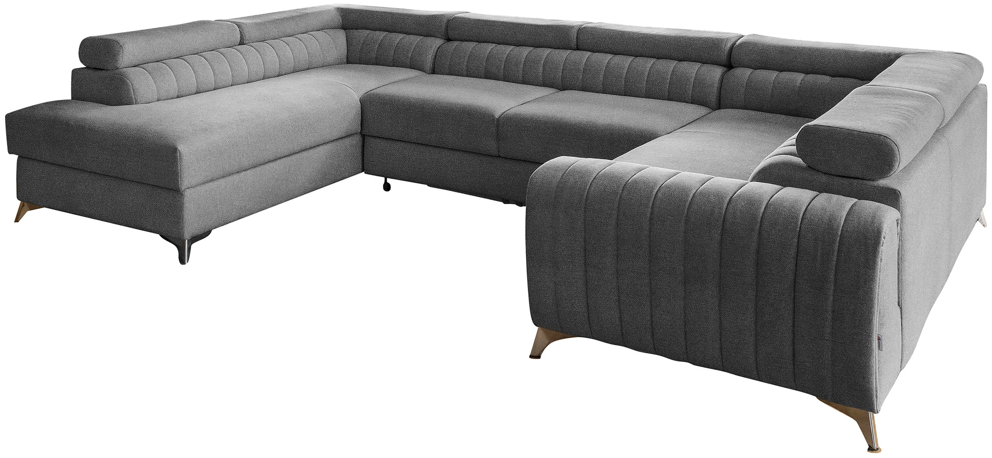 Narożnik Louis w kolorze Gojo 05 ciemny szary w układzie lewym, elegancka sofa modułowa z wysokimi metalowymi nogami, widok frontalny na białym tle.