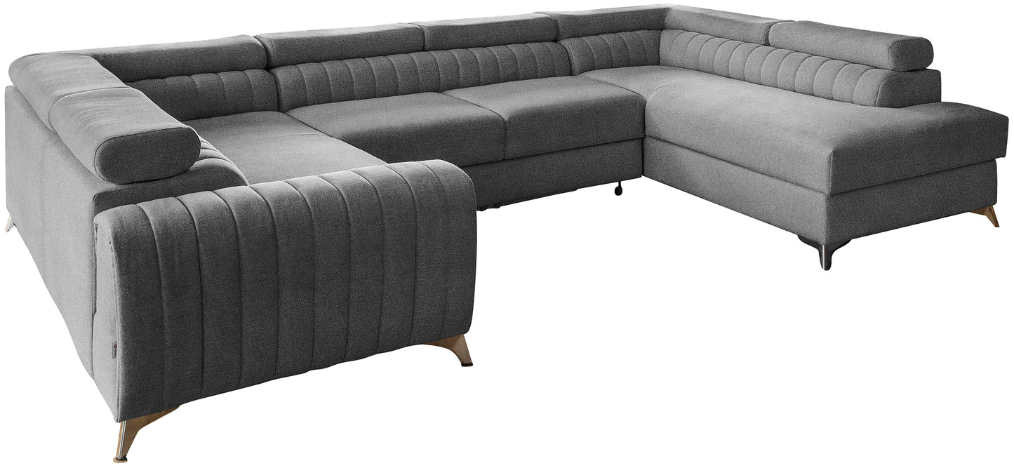 Narożnik Louis w kolorze Gojo 05 ciemny szary w układzie prawym, elegancka sofa modułowa z wysokimi metalowymi nogami, widok frontalny na białym tle.