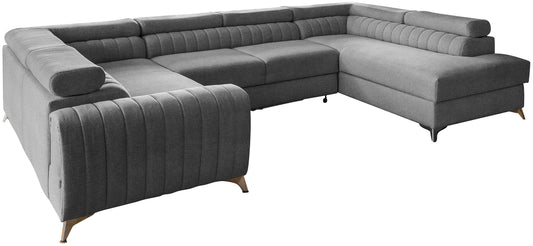 Narożnik Louis w kolorze Gojo 05 ciemny szary w układzie prawym, elegancka sofa modułowa z wysokimi metalowymi nogami, widok frontalny na białym tle.