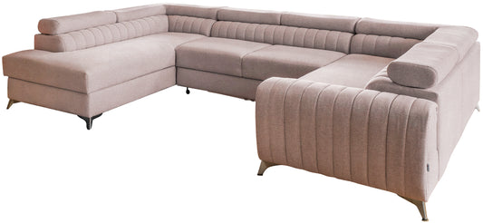 Narożnik Louis w kolorze Gojo 101 jasnoróżowy w układzie lewym, elegancka sofa modułowa z wysokimi metalowymi nogami, widok frontalny na białym tle.