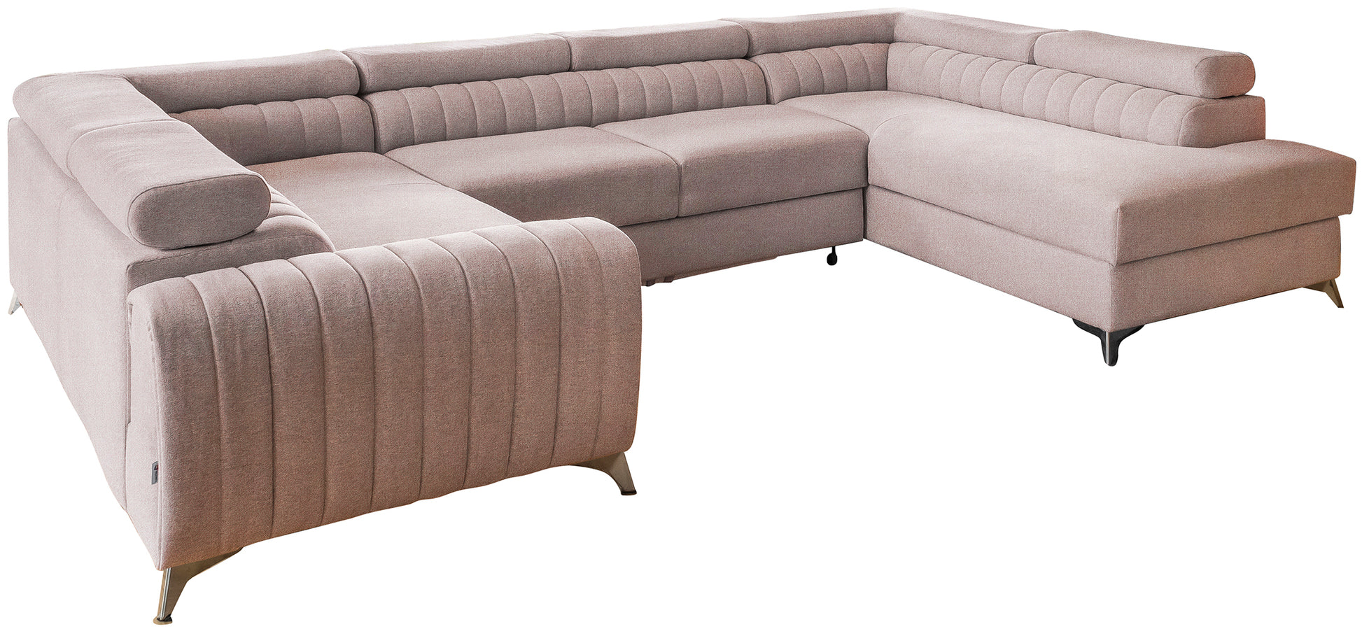 Narożnik Louis w kolorze Gojo 101 zgaszony nude w układzie prawym, elegancka sofa modułowa z wysokimi metalowymi nogami, widok frontalny na białym tle.