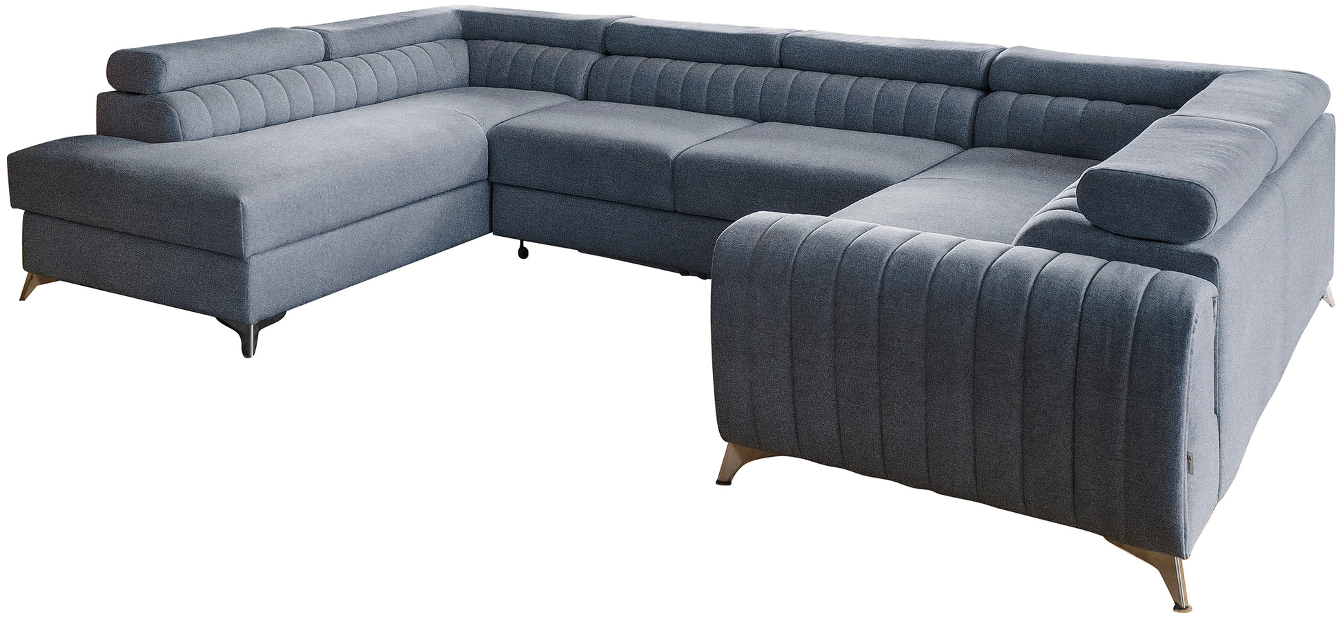 Narożnik Louis w kolorze Gojo 40 ciemny błękit królewski w układzie lewym, elegancka sofa modułowa z wysokimi metalowymi nogami, widok frontalny na białym tle.