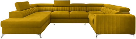 Narożnik Louis w kolorze Loco 40 żółty w układzie lewym, elegancka sofa modułowa z wysokimi metalowymi nogami, widok frontalny na białym tle.