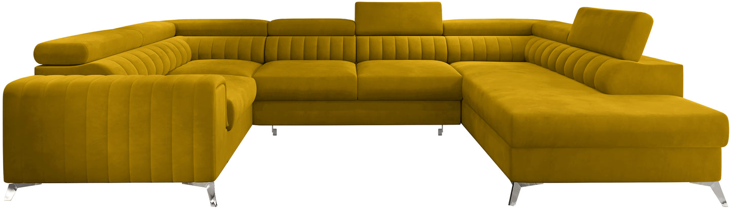 Narożnik Louis w kolorze Loco 45 cynamonowy w układzie prawym, elegancka sofa modułowa z wysokimi metalowymi nogami, widok frontalny na białym tle.