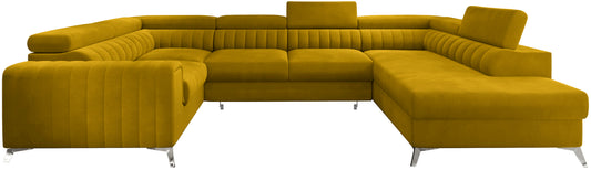 Narożnik Louis w kolorze Loco 45 cynamonowy w układzie prawym, elegancka sofa modułowa z wysokimi metalowymi nogami, widok frontalny na białym tle.