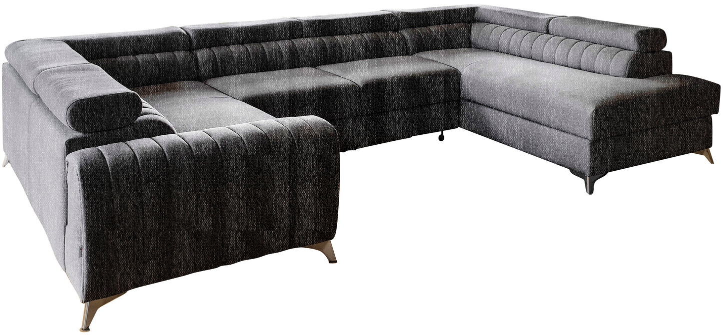 Narożnik Louis w kolorze Marte 10 czarny w układzie prawym, elegancka sofa modułowa z wysokimi metalowymi nogami, widok frontalny na białym tle.