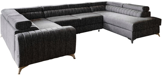 Narożnik Louis w kolorze Marte 10 czarny w układzie prawym, elegancka sofa modułowa z wysokimi metalowymi nogami, widok frontalny na białym tle.