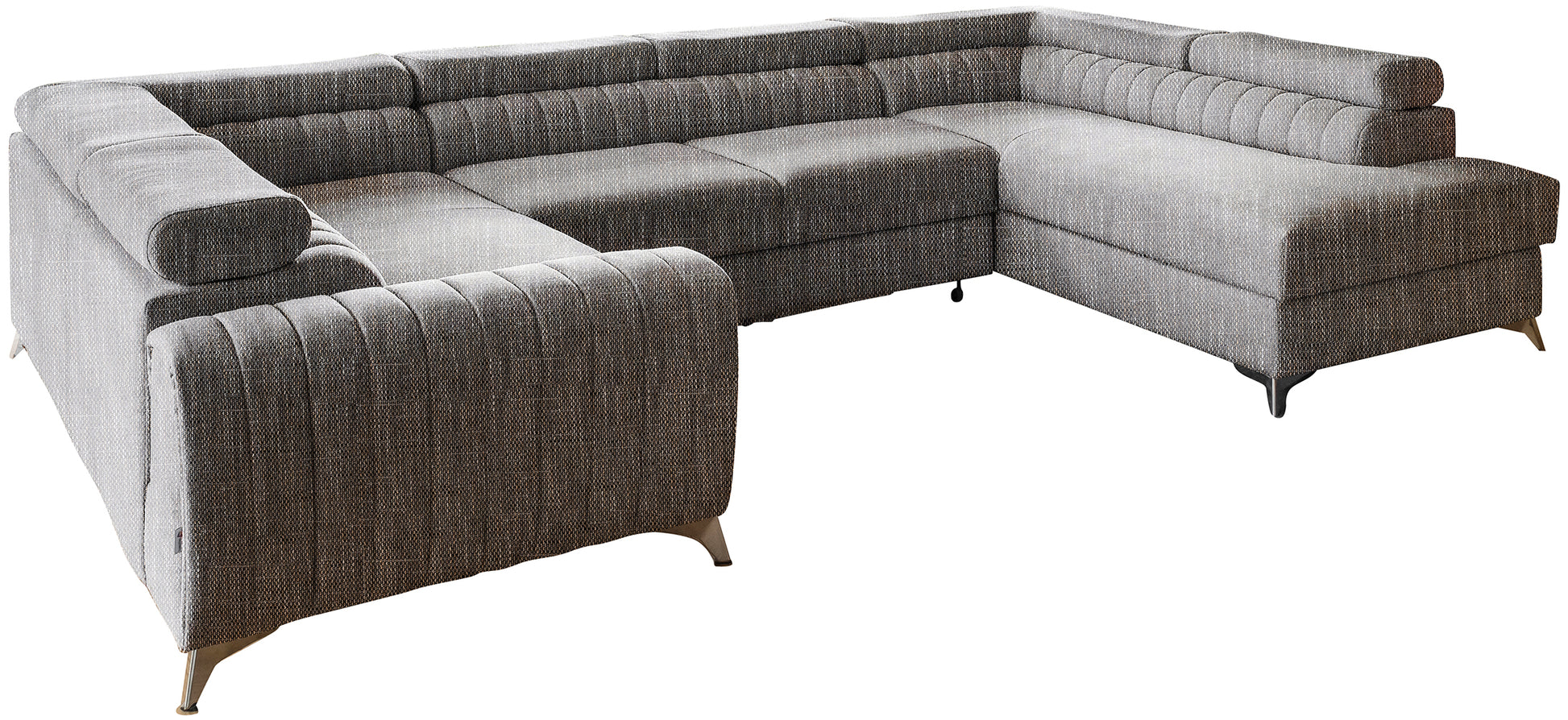 Narożnik Louis w kolorze Marte 130 szary w układzie prawym, elegancka sofa modułowa z wysokimi metalowymi nogami, widok frontalny na białym tle.