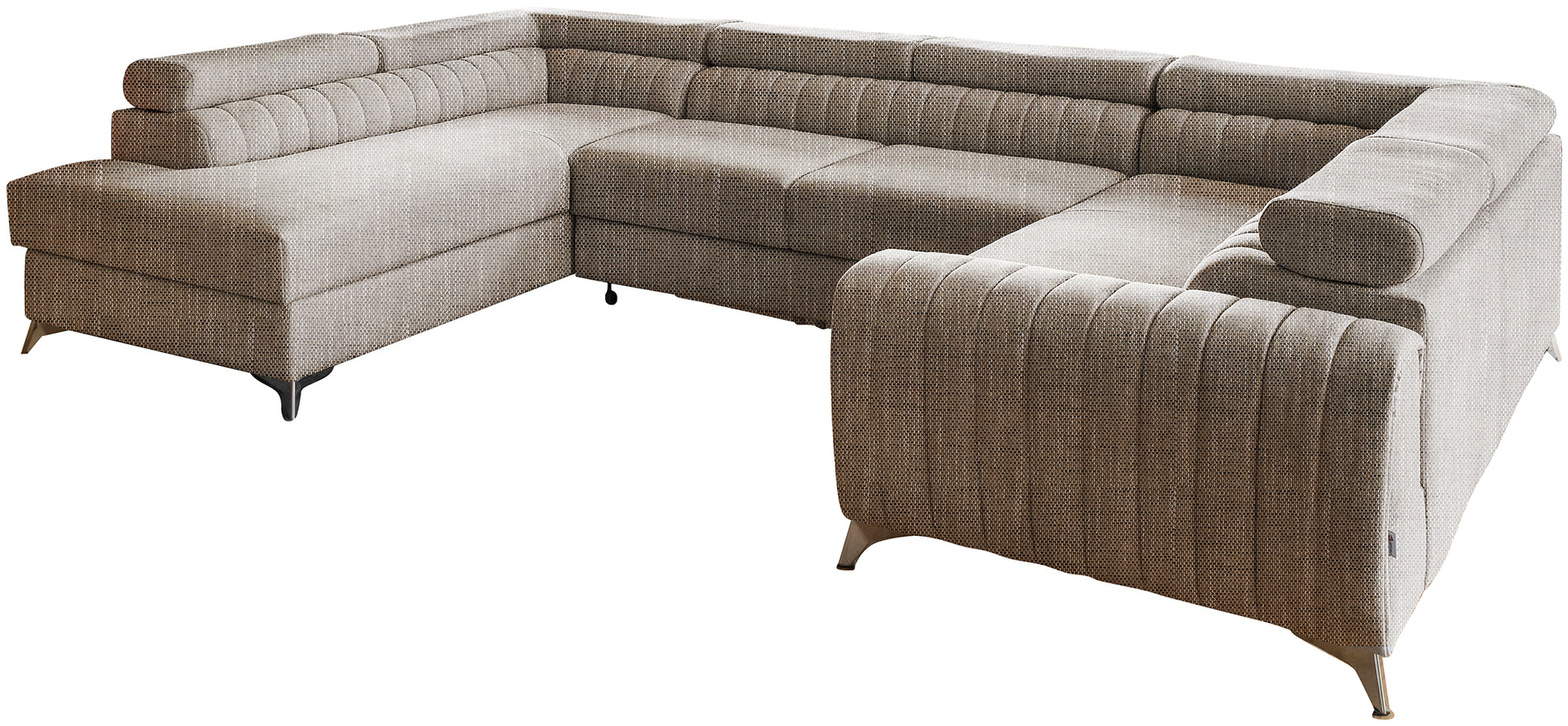 Narożnik Louis w kolorze Marte 20 ciemnobeżowo-biały w układzie lewym, elegancka sofa modułowa z wysokimi metalowymi nogami, widok frontalny na białym tle.