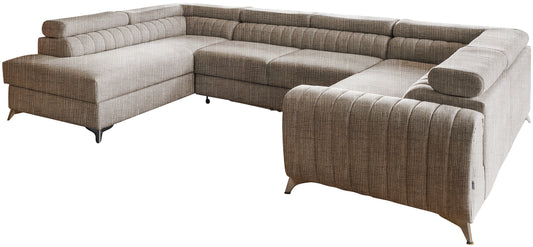 Narożnik Louis w kolorze Marte 20 ciemnobeżowo-biały w układzie lewym, elegancka sofa modułowa z wysokimi metalowymi nogami, widok frontalny na białym tle.