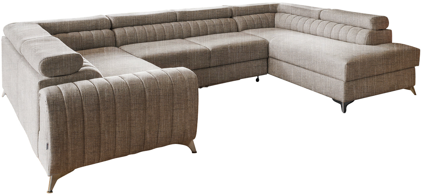 Narożnik Louis w kolorze Marte 20 ciemnobeżowo-biały w układzie prawym, elegancka sofa modułowa z wysokimi metalowymi nogami, widok frontalny na białym tle.