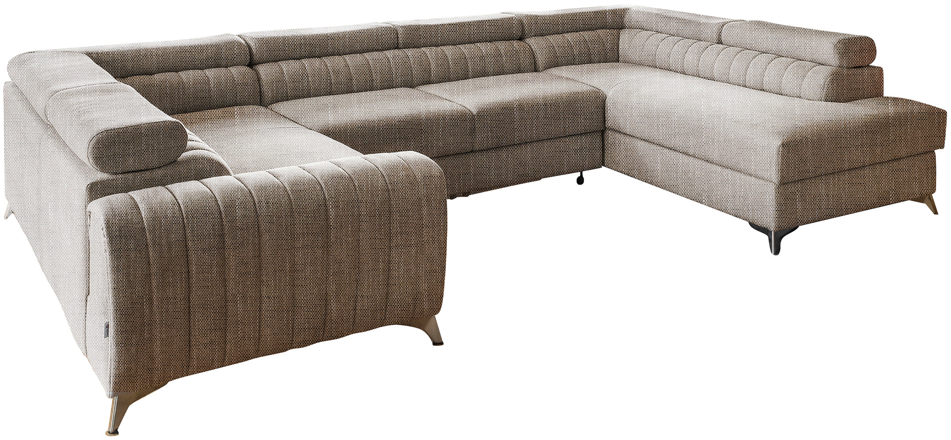 Narożnik Louis w kolorze Marte 20 ciemnobeżowo-biały w układzie prawym, elegancka sofa modułowa z wysokimi metalowymi nogami, widok frontalny na białym tle.