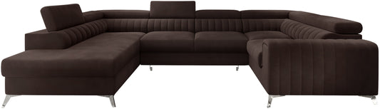 Narożnik Louis w kolorze Nube 22 brązowy w układzie lewym, elegancka sofa modułowa z wysokimi metalowymi nogami, widok frontalny na białym tle.