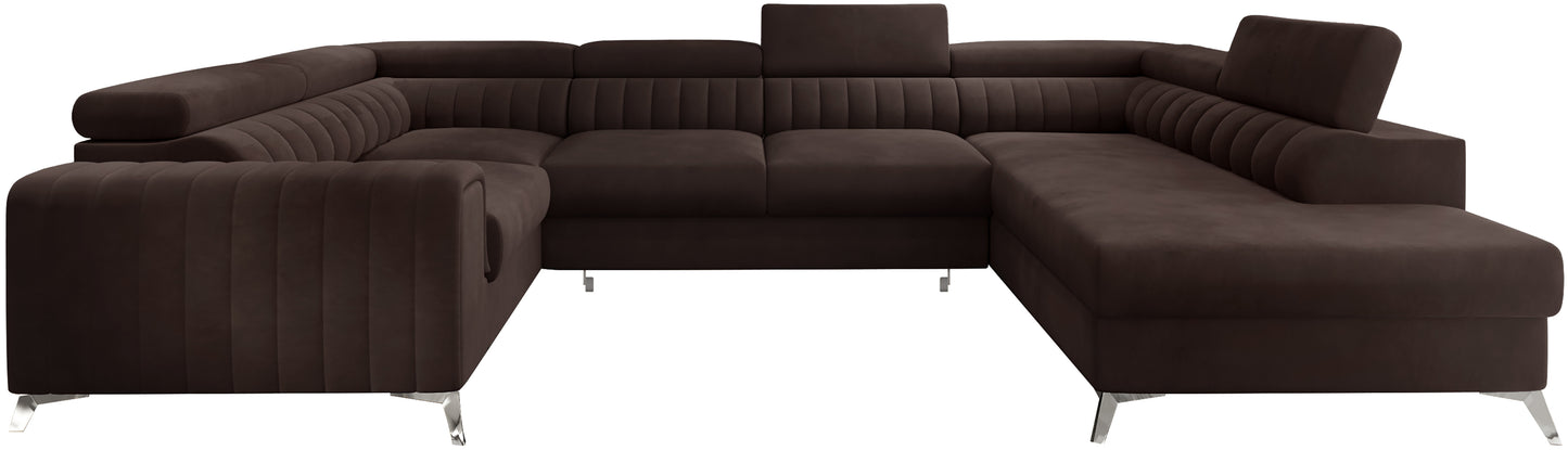 Narożnik Louis w kolorze Nube 22 hebanowy w układzie prawym, elegancka sofa modułowa z wysokimi metalowymi nogami, widok frontalny na białym tle.