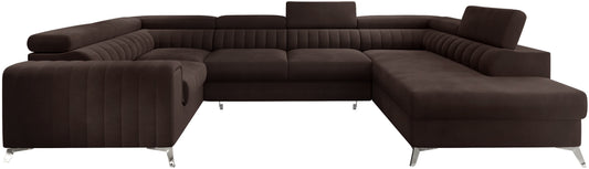 Narożnik Louis w kolorze Nube 22 hebanowy w układzie prawym, elegancka sofa modułowa z wysokimi metalowymi nogami, widok frontalny na białym tle.
