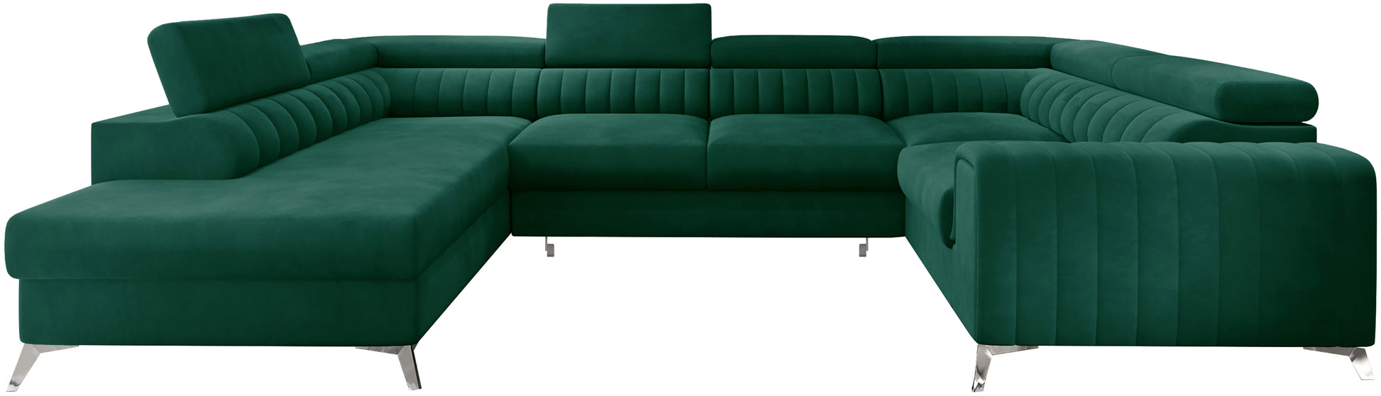 Narożnik Louis w kolorze Nube 35 butelkowa zieleń  w układzie lewym, elegancka sofa modułowa z wysokimi metalowymi nogami, widok frontalny na białym tle.