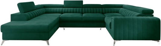 Narożnik Louis w kolorze Nube 35 butelkowa zieleń  w układzie lewym, elegancka sofa modułowa z wysokimi metalowymi nogami, widok frontalny na białym tle.