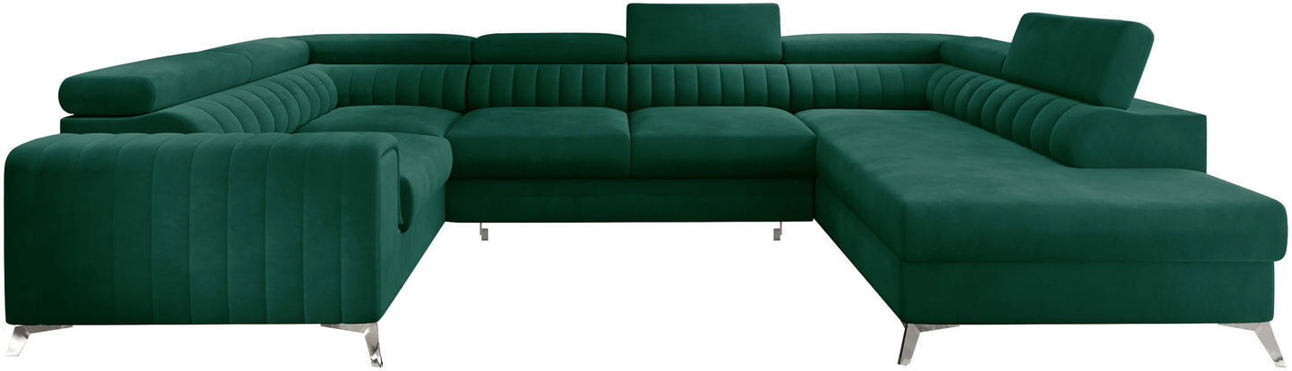 Narożnik Louis w kolorze Nube 35 butelkowa zieleń w układzie prawym, elegancka sofa modułowa z wysokimi metalowymi nogami, widok frontalny na białym tle.