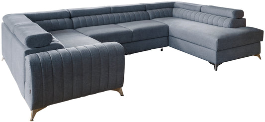 Narożnik Louis w kolorze Nube 40 ciemny błękit królewski w układzie prawym, elegancka sofa modułowa z wysokimi metalowymi nogami, widok frontalny na białym tle.