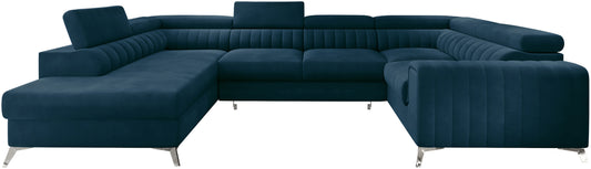 Narożnik Louis w kolorze Nube 40 ciemny petrol w układzie lewym, elegancka sofa modułowa z wysokimi metalowymi nogami, widok frontalny na białym tle.