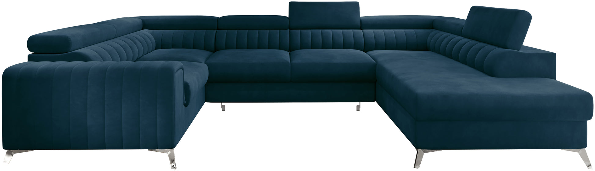 Narożnik Louis w kolorze Nube 40 ciemny petrol w układzie prawym, elegancka sofa modułowa z wysokimi metalowymi nogami, widok frontalny na białym tle.