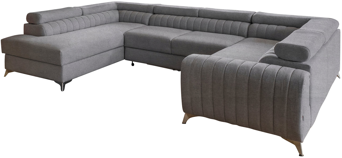 Narożnik Louis w kolorze Poco 04 stalowy w układzie lewym, elegancka sofa modułowa z wysokimi metalowymi nogami, widok frontalny na białym tle.