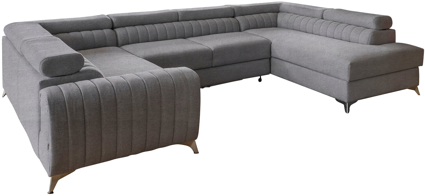 Narożnik Louis w kolorze Poco 04 stalowy w układzie prawym, elegancka sofa modułowa z wysokimi metalowymi nogami, widok frontalny na białym tle.