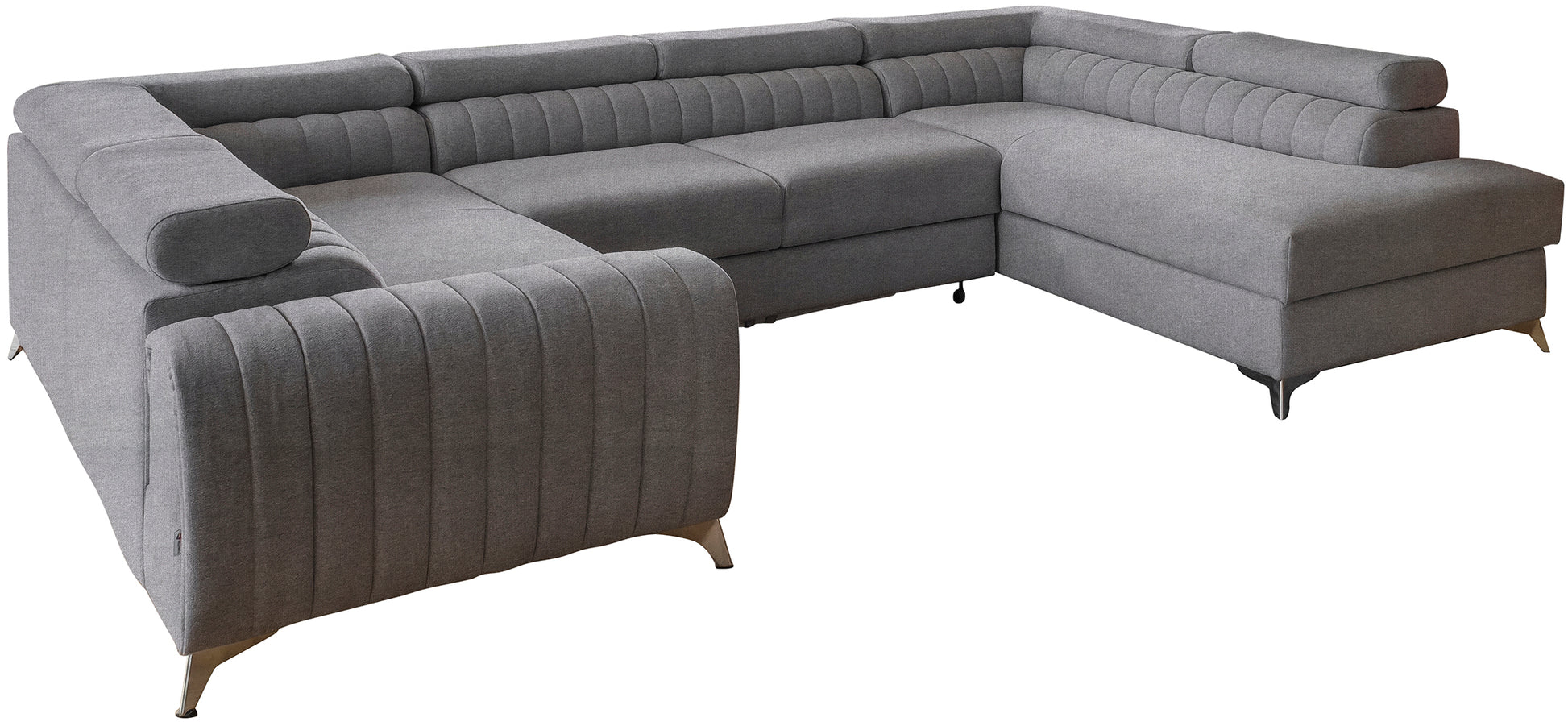 Narożnik Louis w kolorze Poco 04 stalowy w układzie prawym, elegancka sofa modułowa z wysokimi metalowymi nogami, widok frontalny na białym tle.