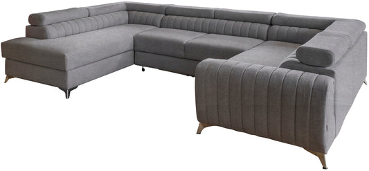 Narożnik Louis w kolorze Poco 04 szary w układzie lewym, elegancka sofa modułowa z wysokimi metalowymi nogami, widok frontalny na białym tle.